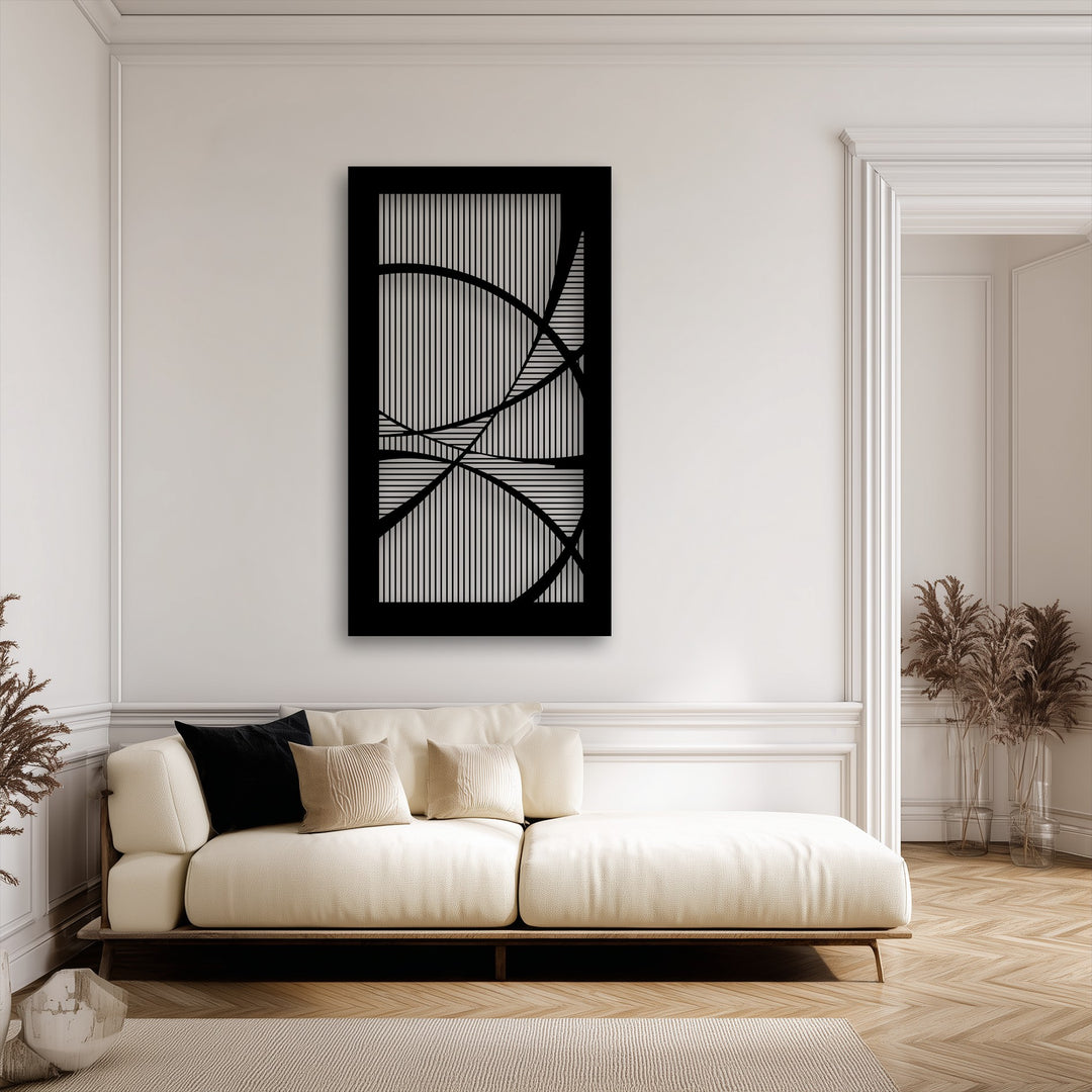 The serene stillness of a modern living space is anchored by a striking geometric line harmony metal art for wall, fostering a calm, contemplative atmosphere.