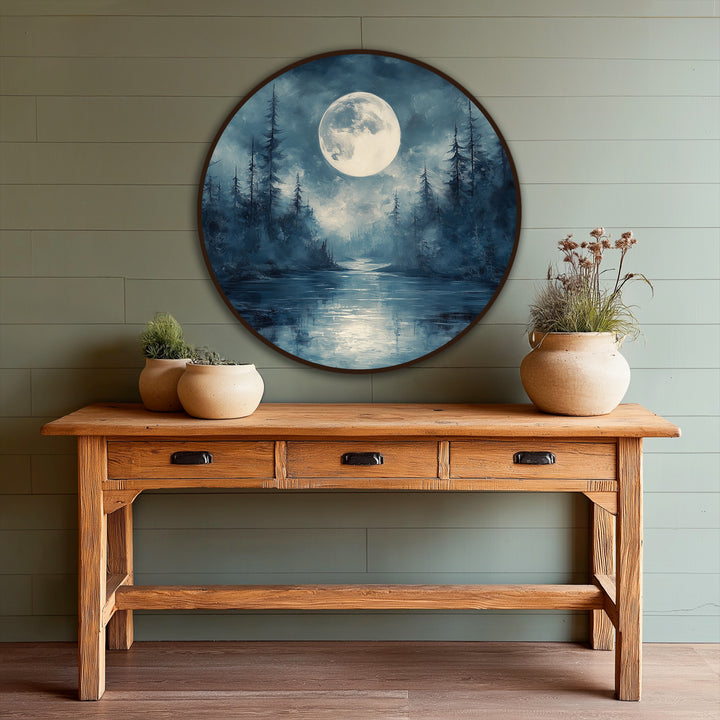Cool tones dominate this round oil painting art piece depicting a moonlit forest with a mystical river, creating a serene and cool color temperature.
