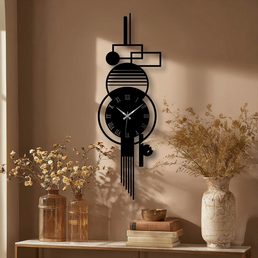 Reflecting light, the darkest area on this modern vertical metal wall clock highlights the geometric abstract decorative metal art design with Roman numerals.