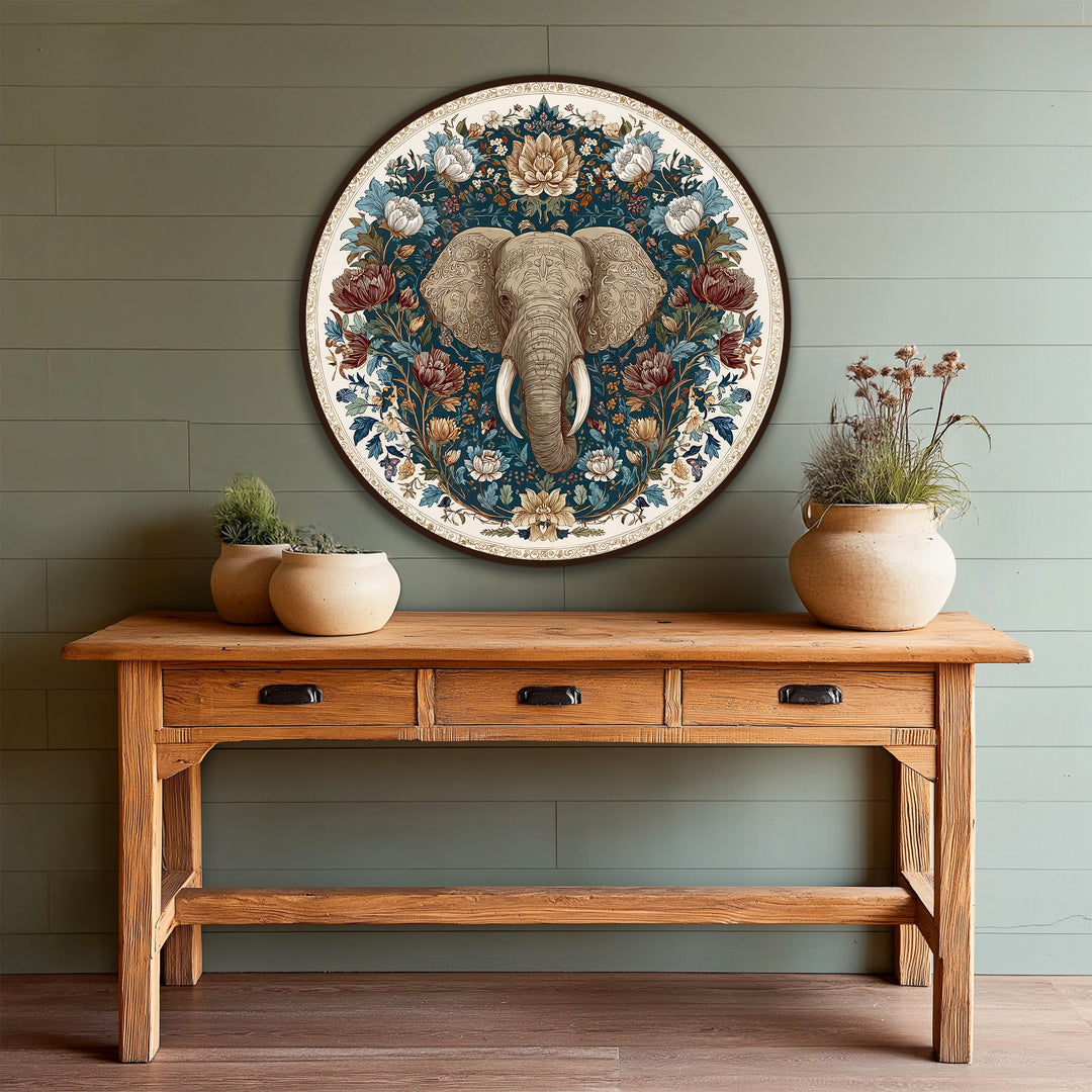 Subtle color transitions define the round oil painting reproduction print of a majestic elephant encircled by exquisitely detailed, blooming florals in rich, earthy tones.