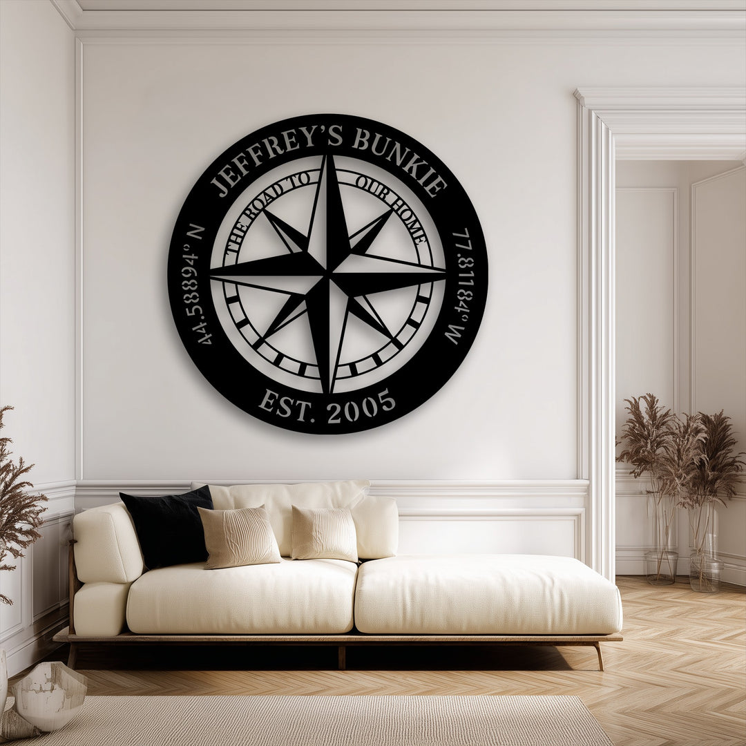 The precision-cut, durable unique metal wall art features a personalized compass design, offering high material quality for nautical decor.