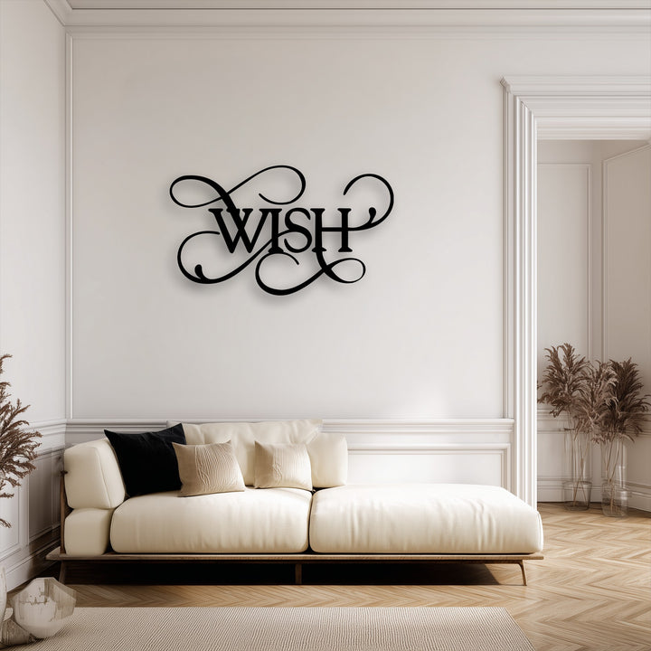 Warm and inviting color temperature highlights the elegant script typography of the Wish metal decoration wall art above a cream sofa.