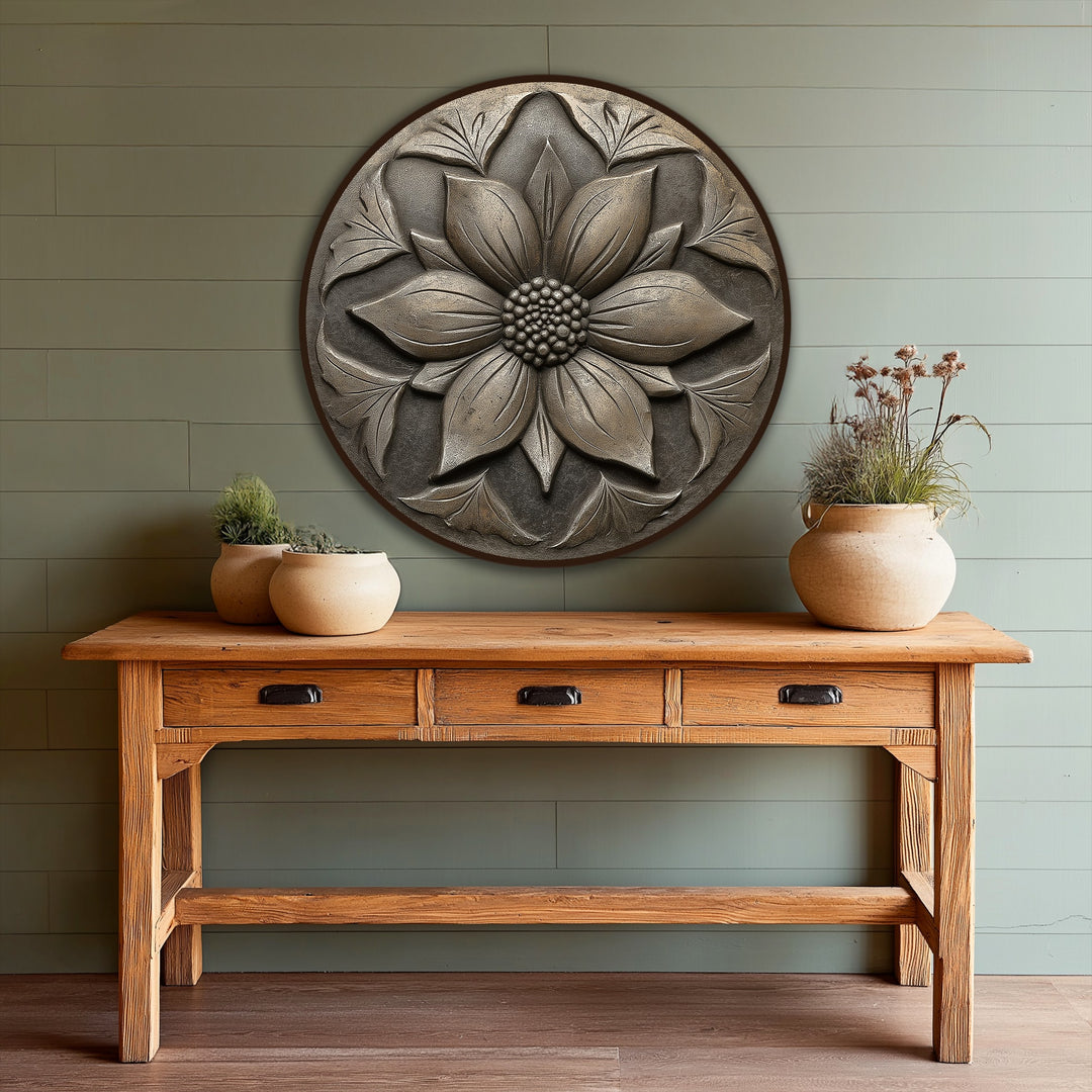 Subtle shading defines the petals, enhancing the depth of this vintage blossom relief oil painting artwork, a floral round evoking softness and tactile charm.