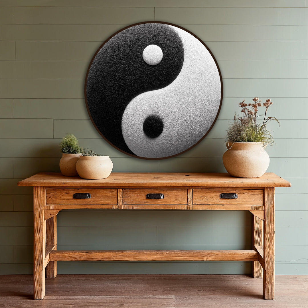 The realistic detail in this modern oil painting art showcases the intricate texture of the Eternal Balance – Yin Yang round design in black and white.