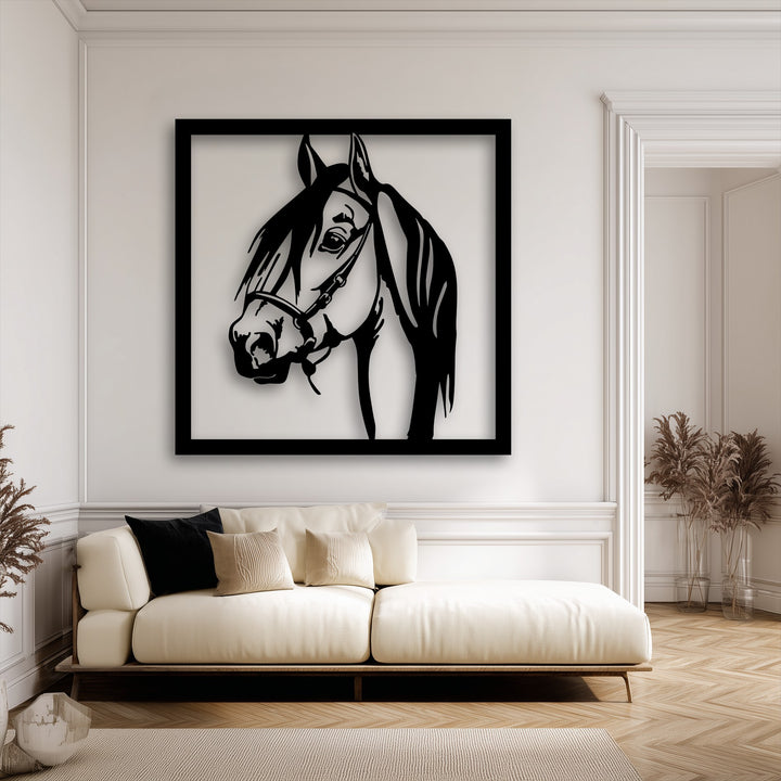 The flowing mane and dynamic expression of the black horse decorative metal art create a sense of graceful movement.
