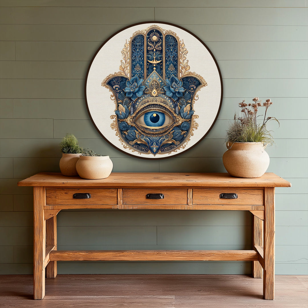 Rich depth and layers define this ornate spiritual round oil painting reproduction print featuring a royal blue Hamsa hand with a striking, layered eye.