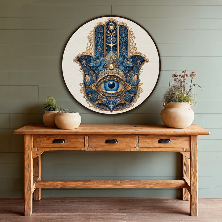 Rich depth and layers define this ornate spiritual round oil painting reproduction print featuring a royal blue Hamsa hand with a striking, layered eye.