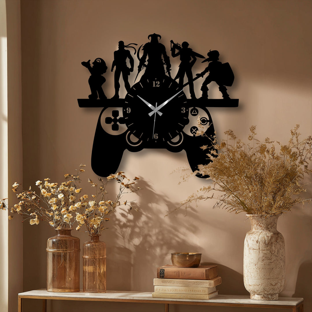 Alternating heights of the character silhouettes create a visual rhythm in this unique metal wall art clock shaped like a gaming controller.