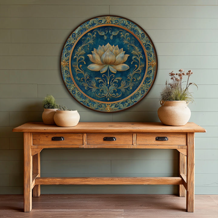 Highlighting the abstract quality, this ornate golden lotus blossom design offers an intricate oil painting reproduction print with a touch of elegance.