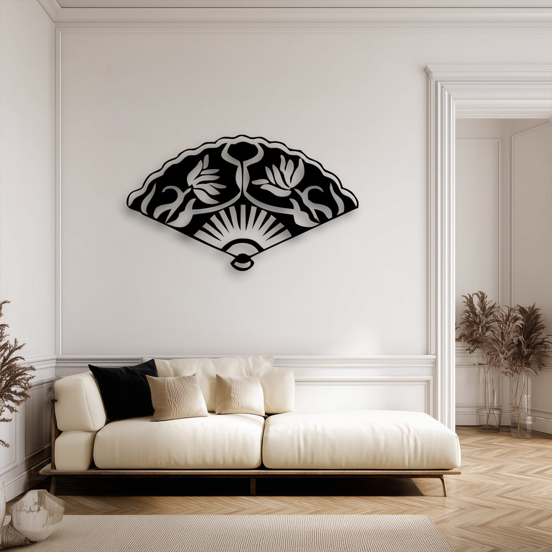 Plush, cream-colored sofa cushions and soft pillows underneath an elegant Oriental Folding Fan Metal Wall Art, enhancing the modern decoration wall art.