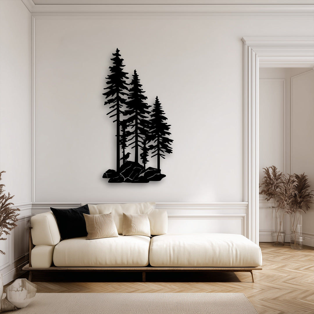 The plush light beige sofa with dark and light textured pillows, resting on a wooden base over a textured rug, offers comfort beneath the decorative metal art.