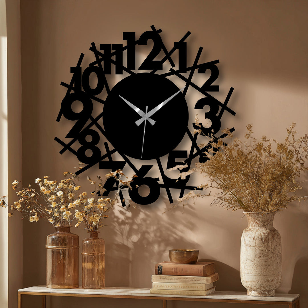 Subtle gradations of light and shadow enhance the depth of this abstract numeric chaos modern metal art for wall clock, creating a visually intriguing display.