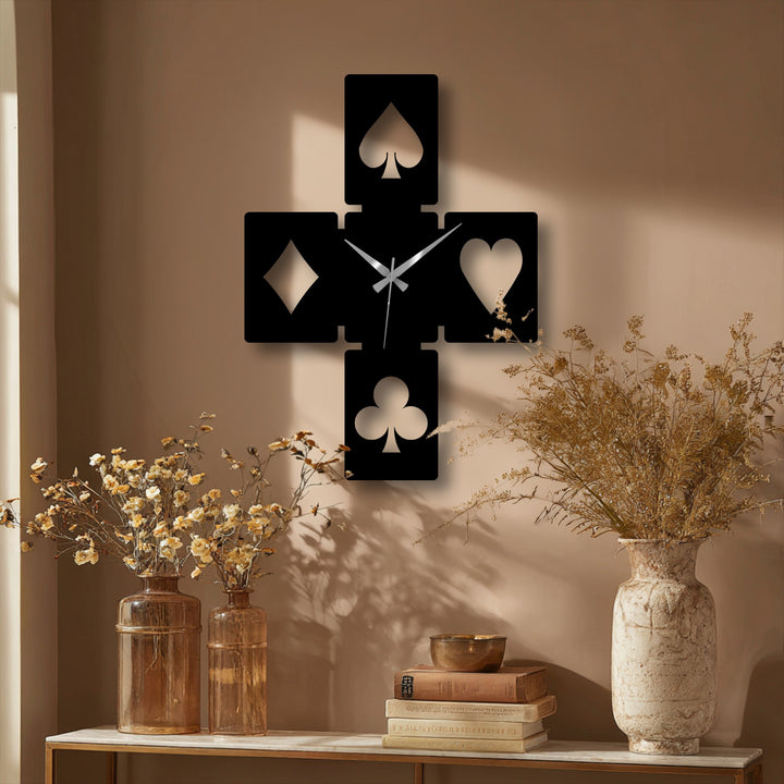 Earthy taupe walls showcase a modern geometric playing card symbols metal wall clock, a unique piece of decoration wall art.