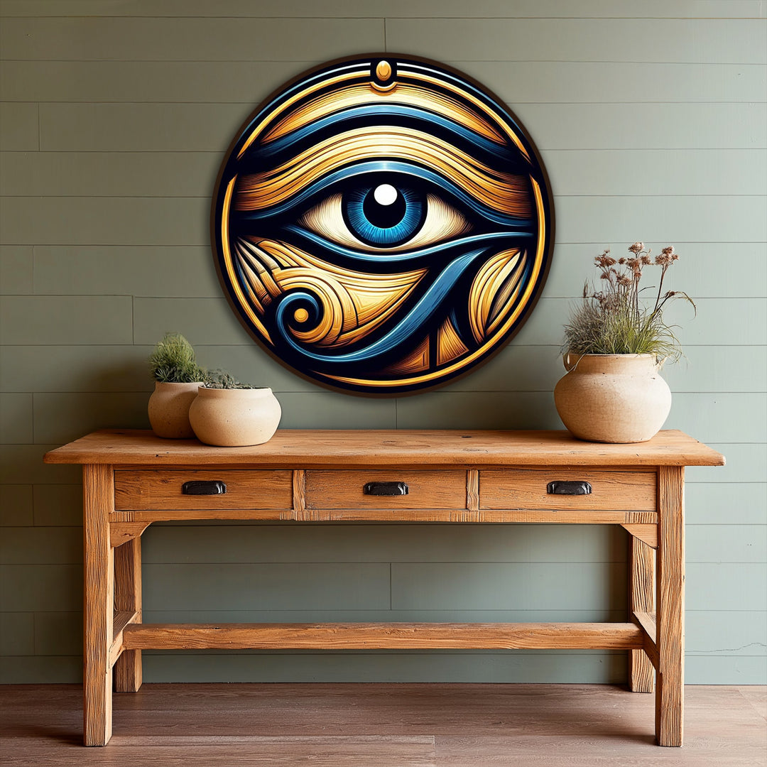Foreground detail shows the rustic wooden console table under the Mystic Guardian – Eye of Horus round oil painting, adding warmth to the oil painting home decor.