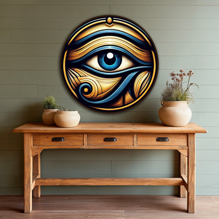 Foreground detail shows the rustic wooden console table under the Mystic Guardian – Eye of Horus round oil painting, adding warmth to the oil painting home decor.
