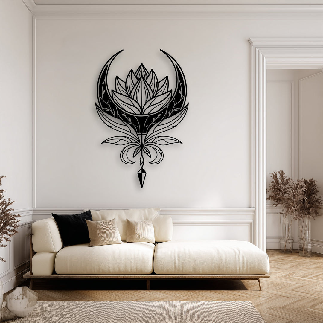 Elegant Celestial Lotus Emblem metal wall decor is centered within a room featuring classic wall paneling and a detailed doorway border.