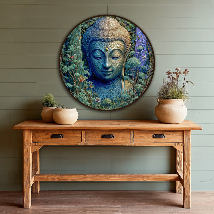 Color transitions highlight the serene emerald Buddha in this round oil painting wall art, blending forest greens with tranquil blues for a spiritual statement.