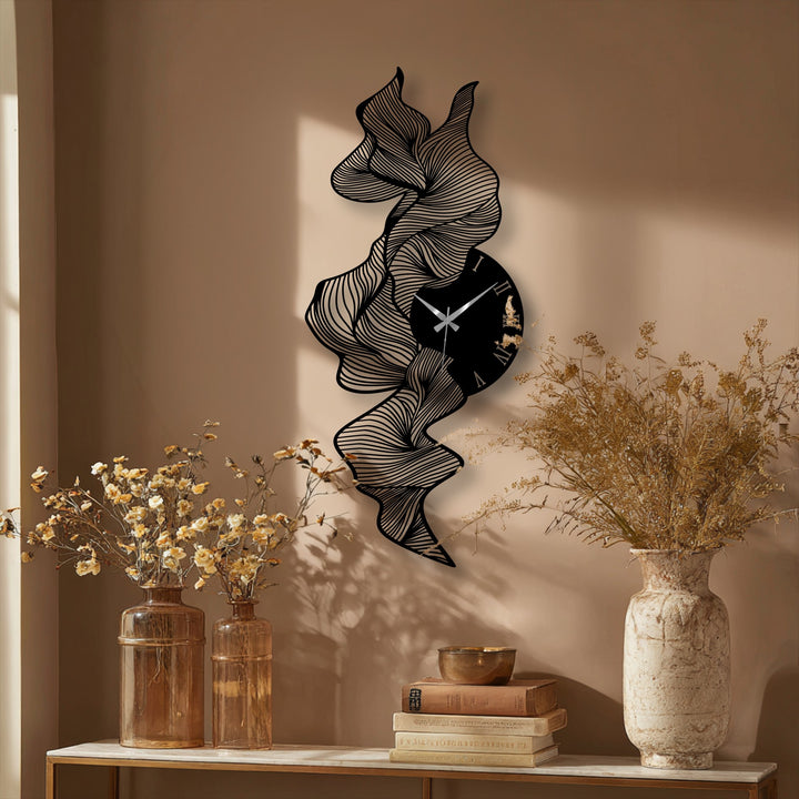 Vertical abstract wave metal artwork clock is a striking home decoration, featuring a flowing line design that adds artistic flair to any room.