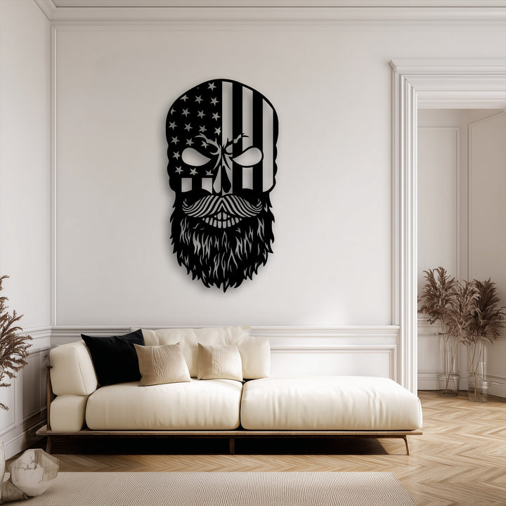 The striking abstract quality of this unique metal wall art showcases a bearded patriot skull merged with American flag design.