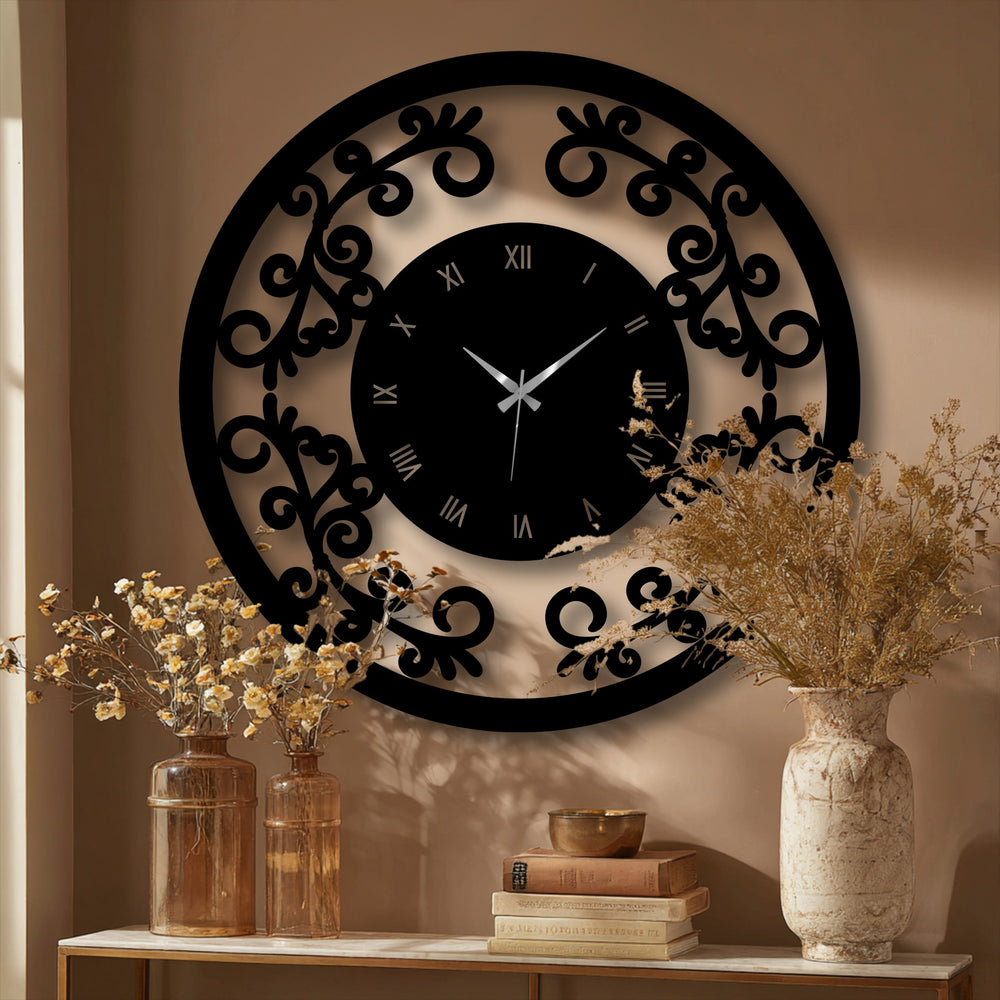 Depth is showcased in the ornamental floral metal artwork clock, where its intricate cutouts layer against the wall, creating a captivating shadow play.