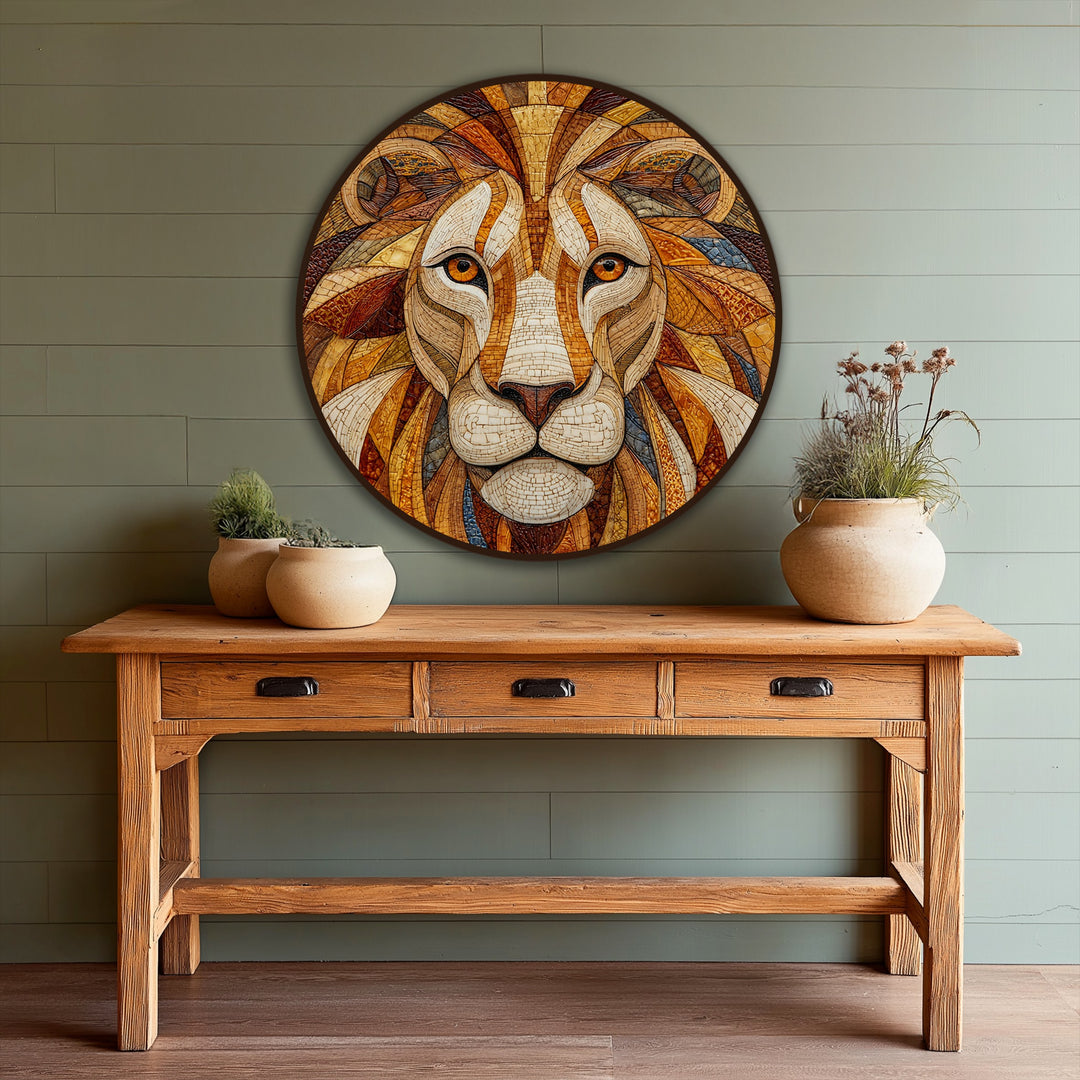 Encircling the mosaic lion portrait, the oil painting wall art features a deep, warm-toned border, beautifully framing the golden dominion design.