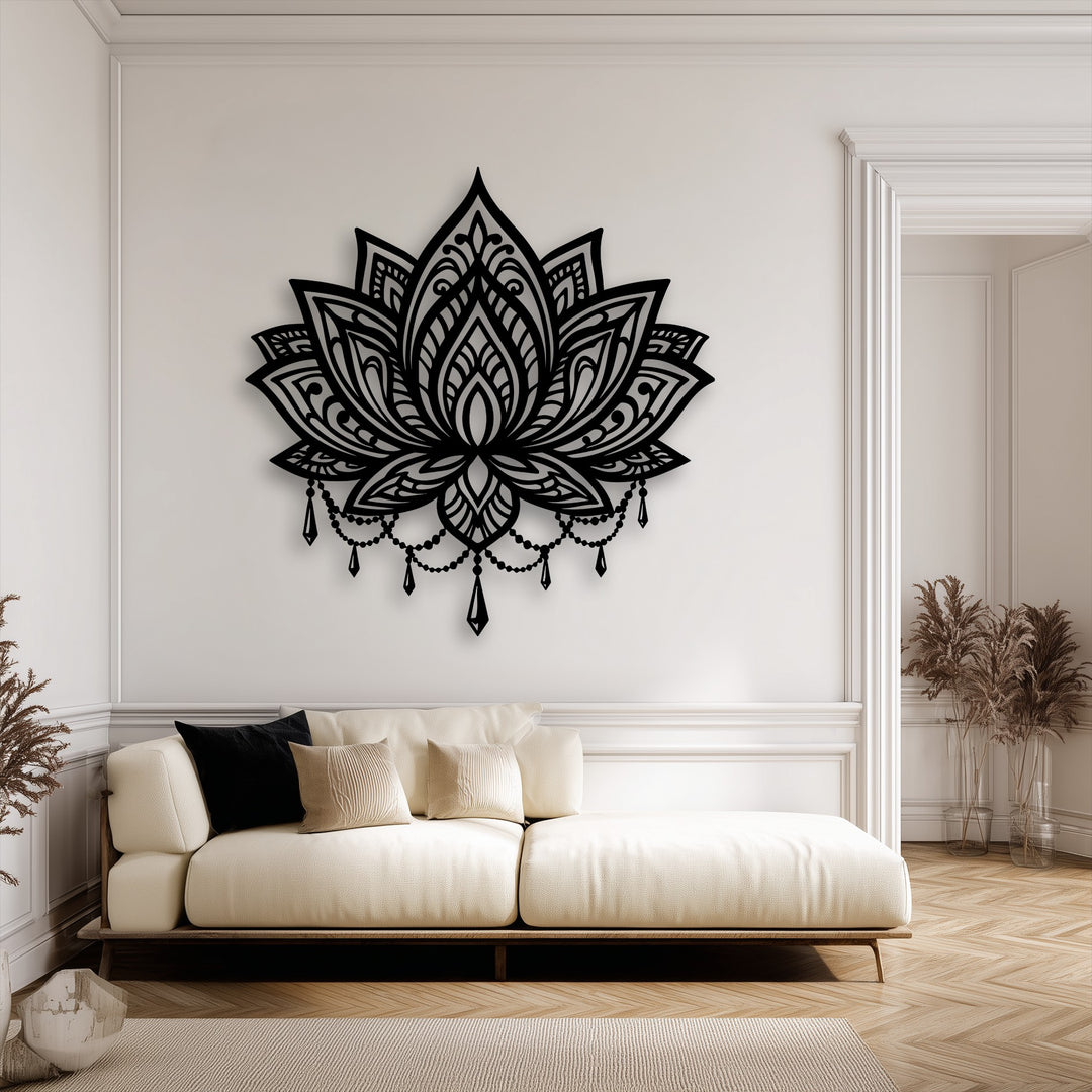 The realistic detail of the Sacred Bloom ornate lotus mandala unique metal wall art highlights intricate patterns and delicate dangling ornaments.
