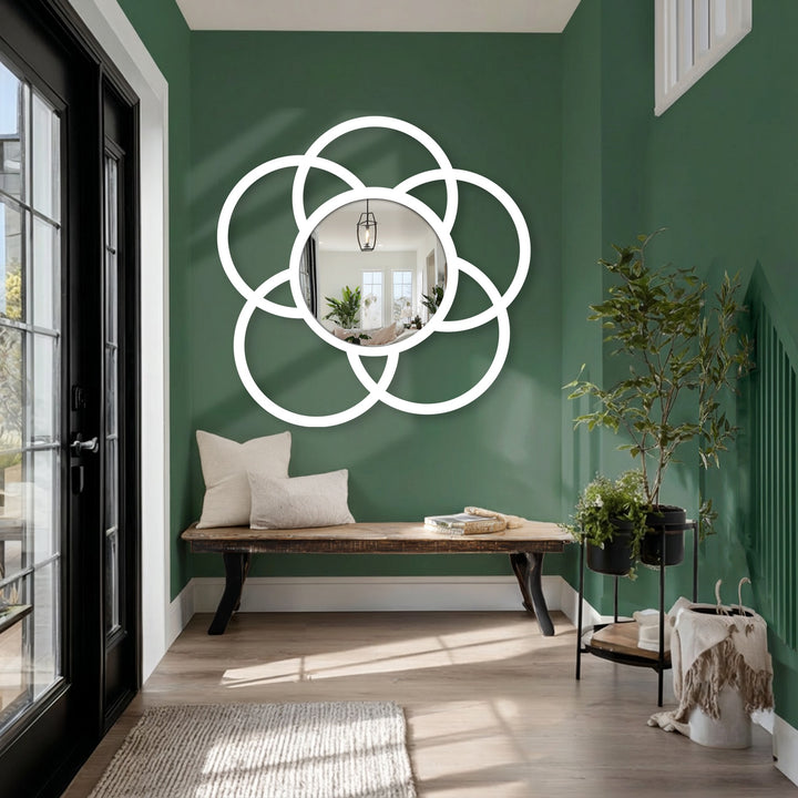 Inviting mood created by a modern interlock circle floor mirror, acting as an elegant piece of decorative mirror in a welcoming home entryway.