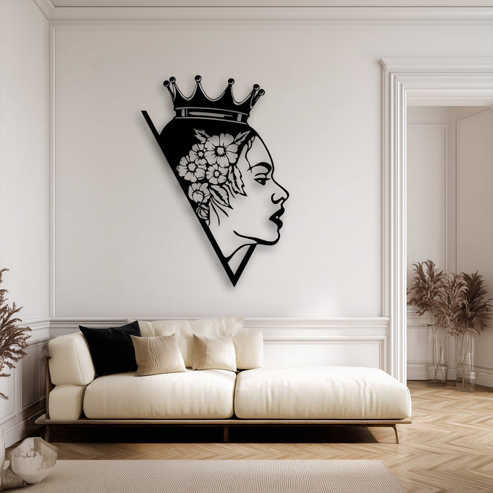 The dramatic contrast of light and shadow casts a subtle depth behind the elegant Floral Queen Silhouette metal art for wall.