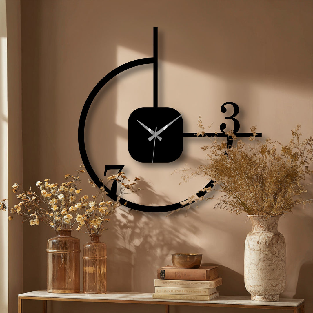 Showcasing the realistic detail, this minimalist geometric metal wall clock, a stunning metal artwork, features a modern abstract circle design with sharp lines and precise construction.