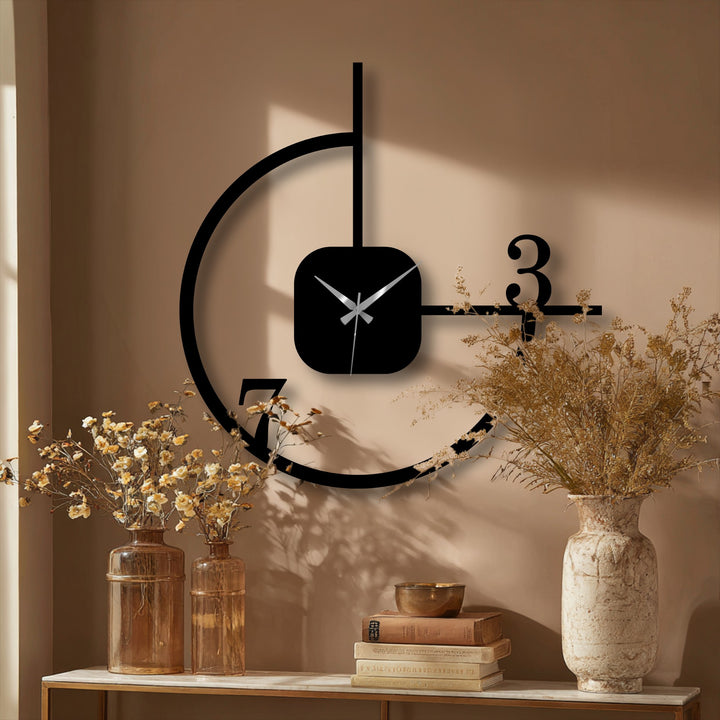 Showcasing the realistic detail, this minimalist geometric metal wall clock, a stunning metal artwork, features a modern abstract circle design with sharp lines and precise construction.