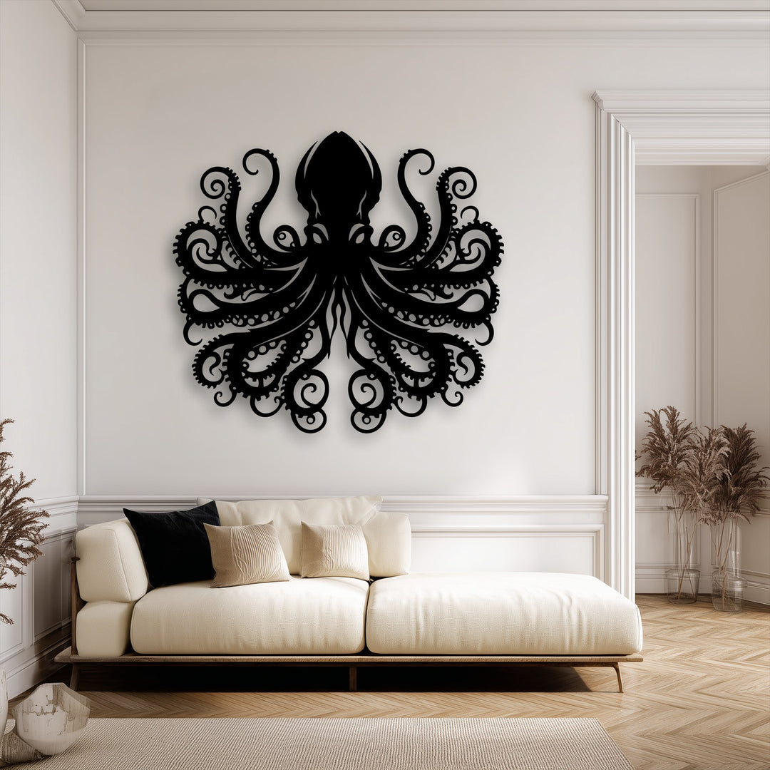 Featuring the smooth, dark surface texture of the octopus metal wall decor, complemented by the plush fabric sofa and the subtle grain of the hardwood floor.