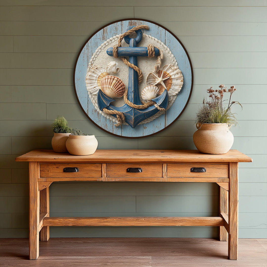 Subtle light and shadow enhance the sculpted details of this nautical anchor and seashell oil painting art prints, creating depth and dimension.
