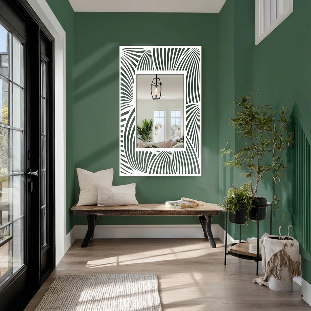 Reflecting a bright indoor scene, this flowing wave rectangular mirror features a unique black frame and adds a touch of modern wall mirrors to the entryway.