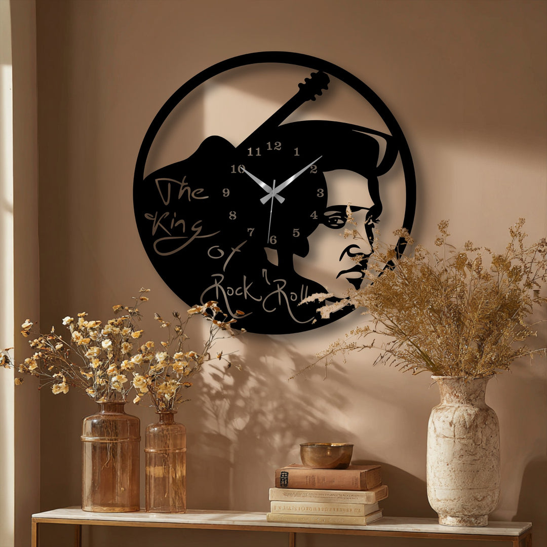 The warm taupe wall in the background highlights the bold Rock Music Icon Metal Wall Clock, enhancing this metal art for wall.