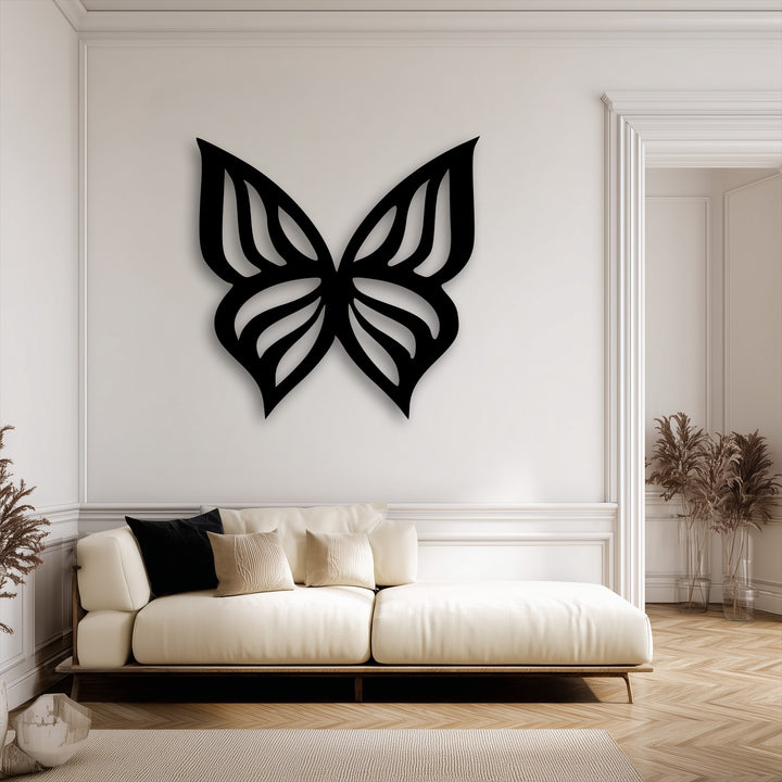 Surface textures: matte Butterfly Metal Wall Art, soft sofa fabric, smooth wood floor, creating elegant decoration wall art.