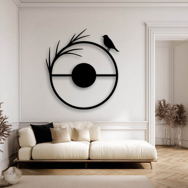 Soft light illuminates the sleek Minimal Bird Circle Metal Wall Art, creating distinct shadows that enhance the modern metal artwork's depth and form.