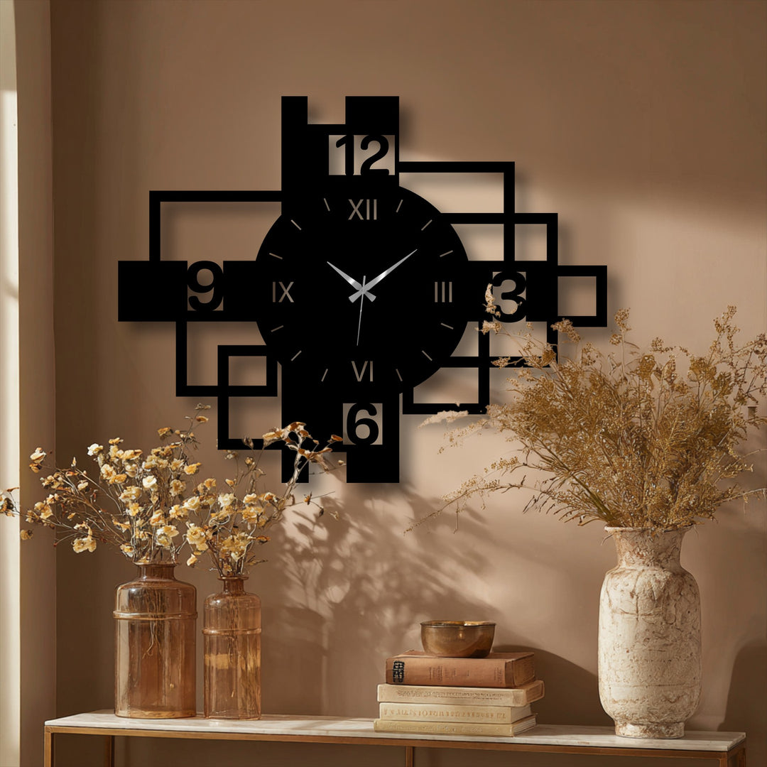 Dominant black makes the geometric metal artwork wall clock, with its square frame and roman numerals, a striking and sophisticated statement piece.