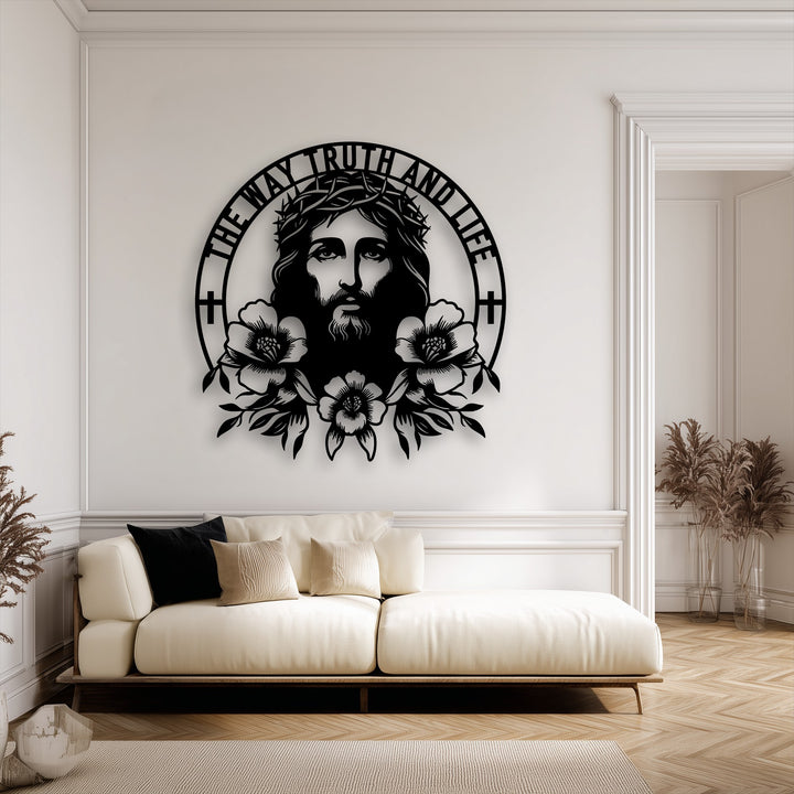 The tranquil setting is enhanced by sacred Jesus metal wall decor, offering a serene focal point.