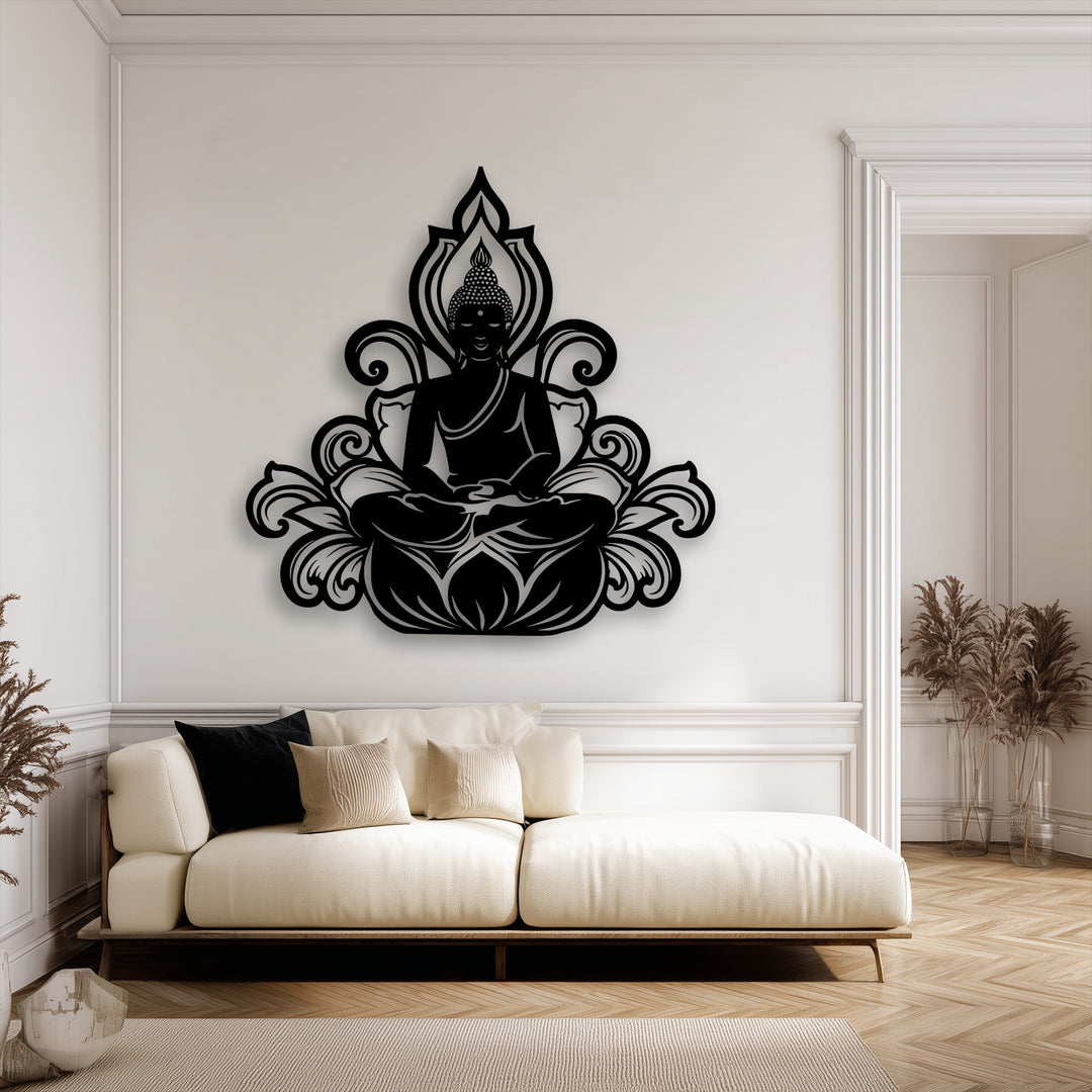 A serene and peaceful mood emanates from the black Buddha lotus silhouette metal artwork adorning a bright, minimalist living space.