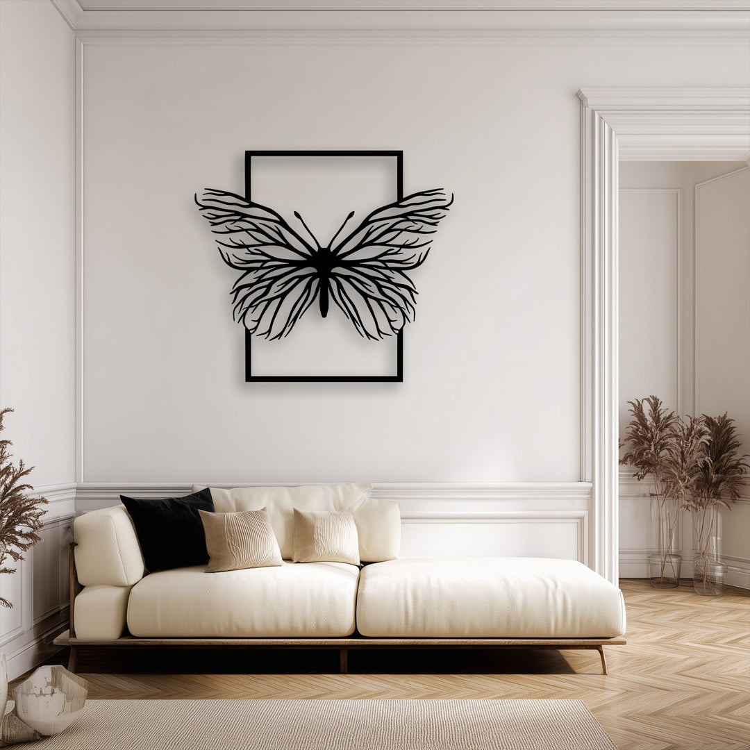 Against a pristine white wall with elegant molding, an ethereal butterfly frame unique metal wall art forms an elegant nature silhouette decor.