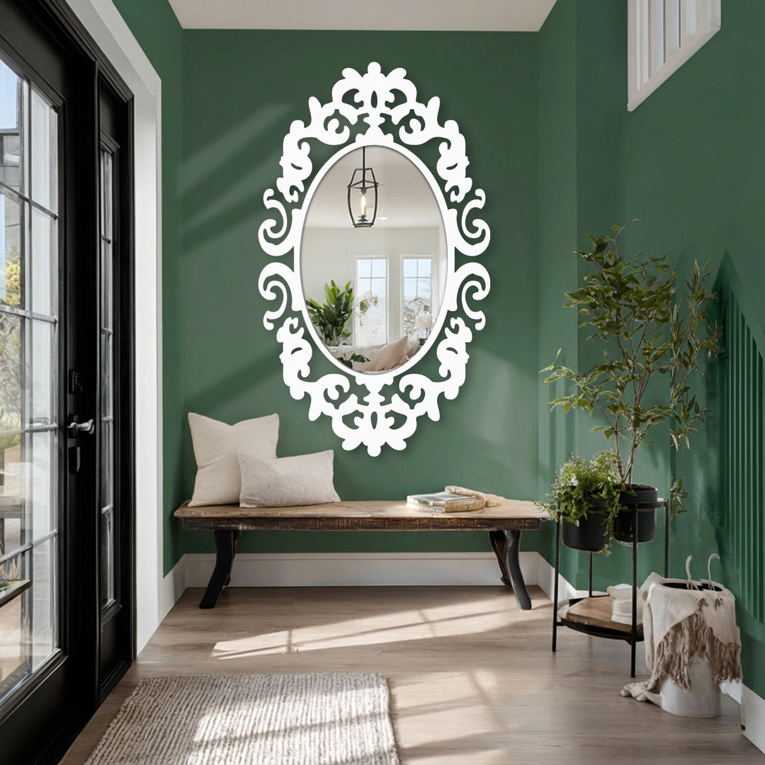 Swirling lines create a vibrant sense of movement around this bathroom mirror with a royal crest ornament frame, perfect for adding a dynamic touch to home decoration.