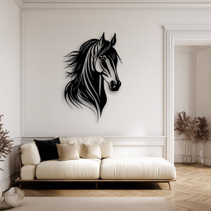 The serene ambiance of the room is enhanced by the elegant Graceful Horse Head metal artwork, creating a sophisticated animal decor.