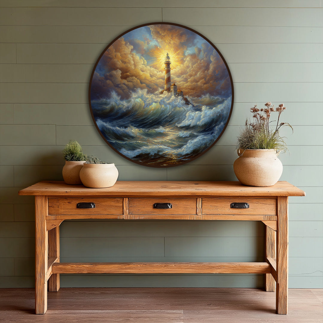 Highlighting the realistic detail, this round oil painting art showcases a radiant lighthouse amid stormy seas, exemplifying modern oil painting art with its textural waves and glowing sky.