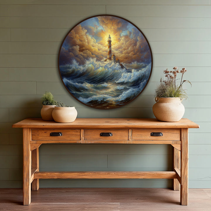 Highlighting the realistic detail, this round oil painting art showcases a radiant lighthouse amid stormy seas, exemplifying modern oil painting art with its textural waves and glowing sky.