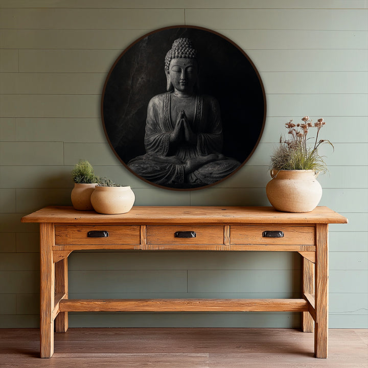 Negative space surrounds the dark, meditative Buddha in this round oil painting, creating a compelling focal point for mindful oil painting home decor.