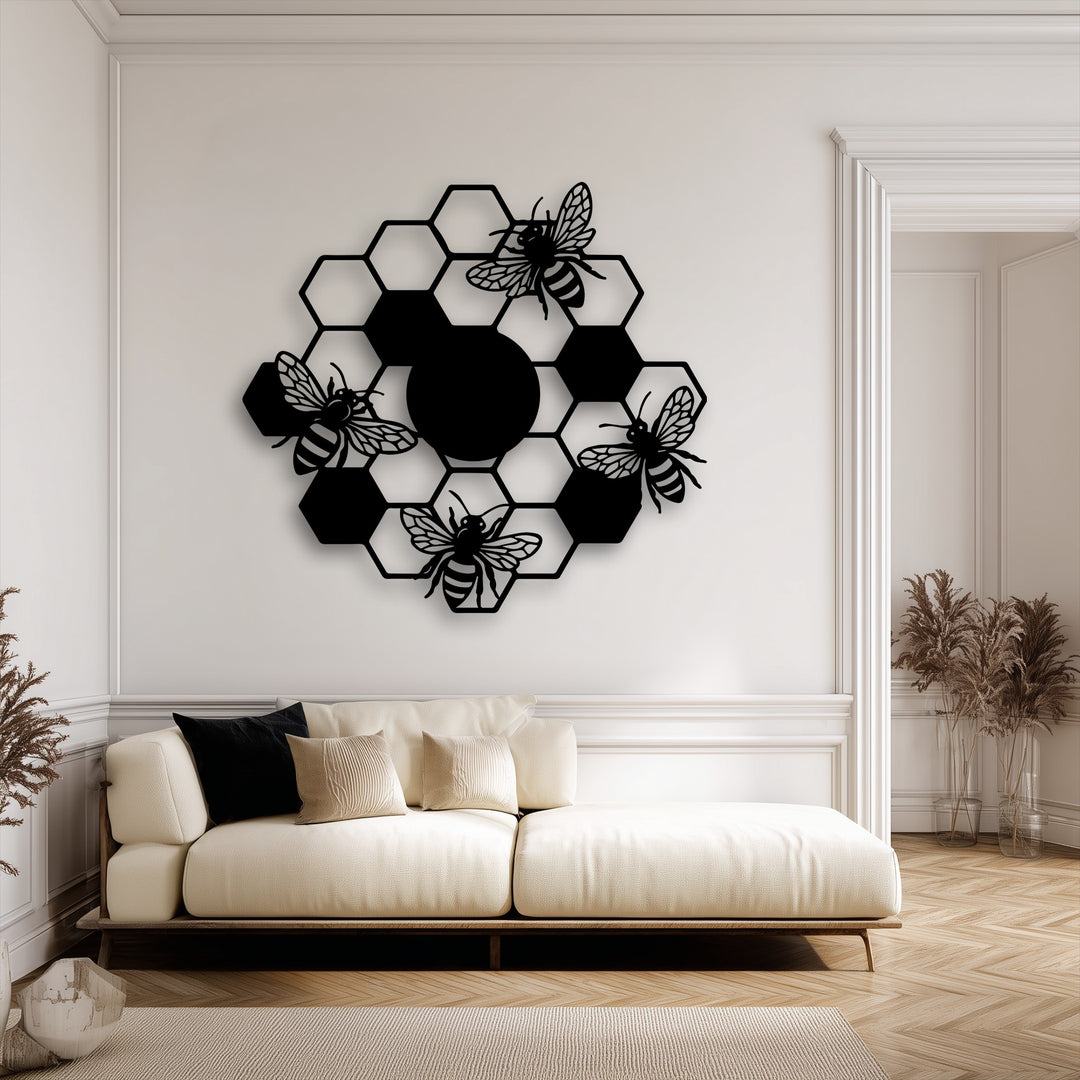 The warm and inviting ambiance of the room is perfectly enhanced by the charming honeycomb bees metal art for wall.