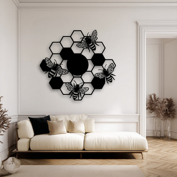 The warm and inviting ambiance of the room is perfectly enhanced by the charming honeycomb bees metal art for wall.