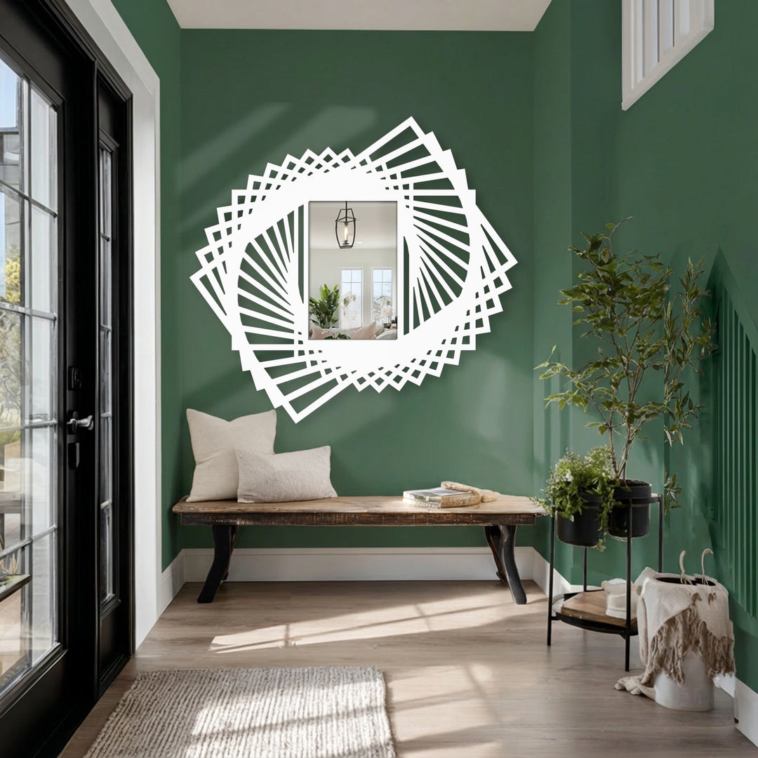 Intertwined geometric shapes flow organically around the central framed wall mirror, offering a captivating display of unique metal wall art.