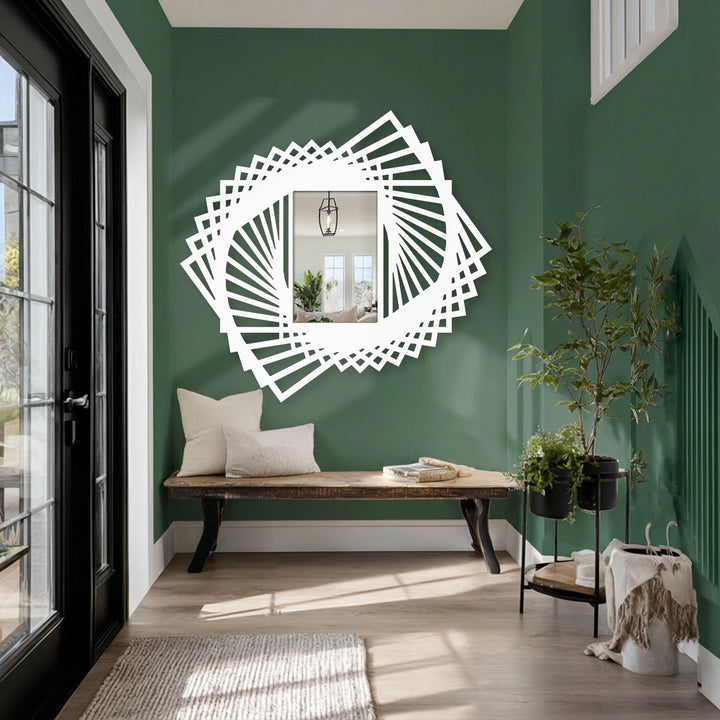 Intertwined geometric shapes flow organically around the central framed wall mirror, offering a captivating display of unique metal wall art.