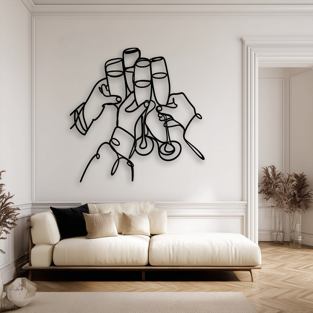 The foreground detail shows a cozy cream sofa on a textured beige rug, harmonizing with the unique metal wall art depicting a Cheers Moment.